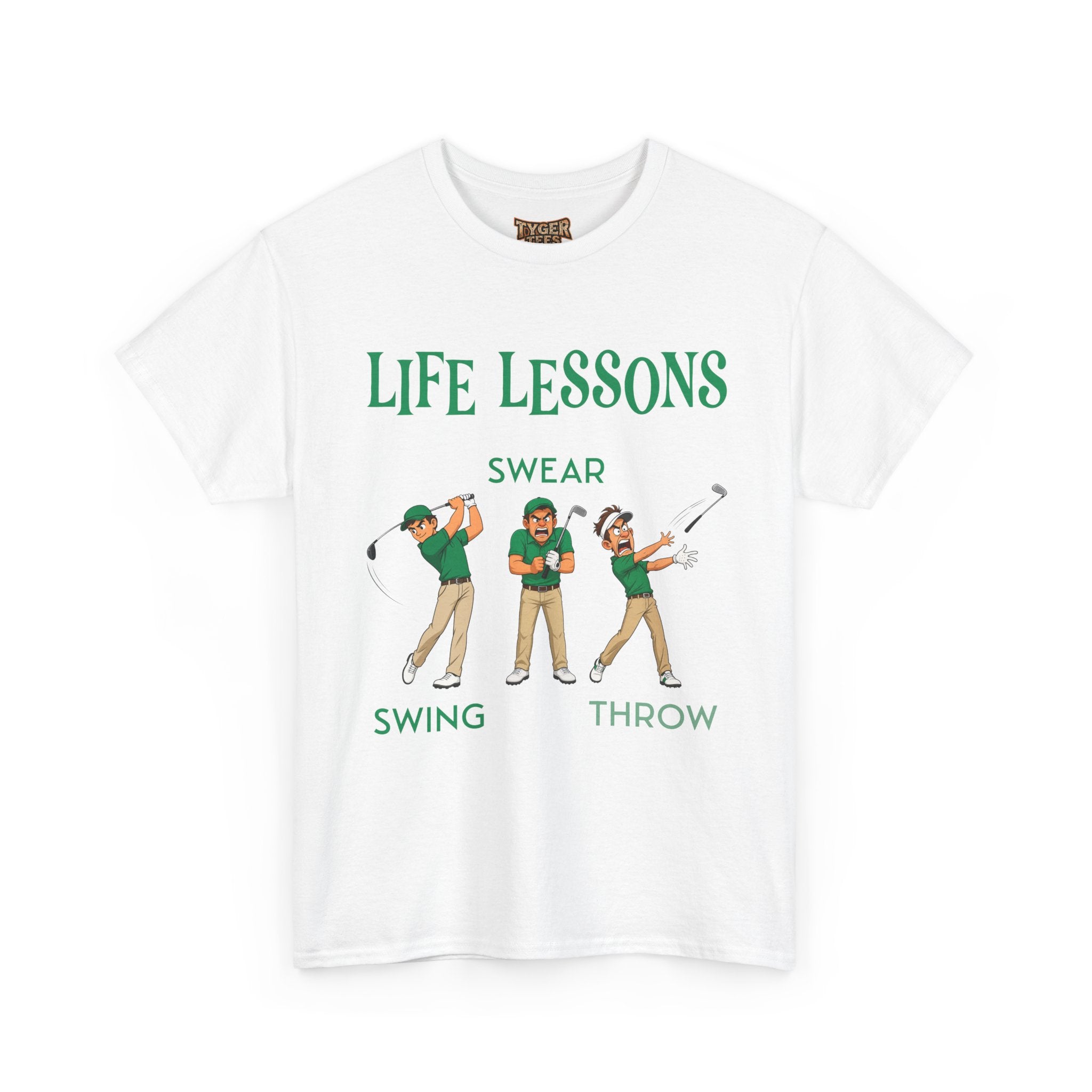Golf T-Shirt — "Life Lessons: Swear, Swing, Throw" Funny Golfer Tee