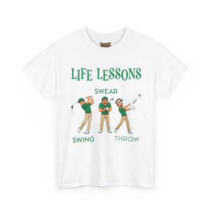 Golf T-Shirt — "Life Lessons: Swear, Swing, Throw" Funny Golfer Tee