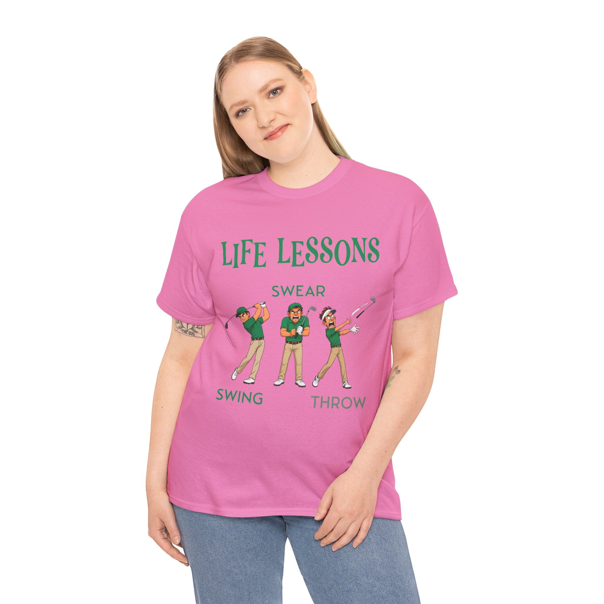Golf T-Shirt — "Life Lessons: Swear, Swing, Throw" Funny Golfer Tee