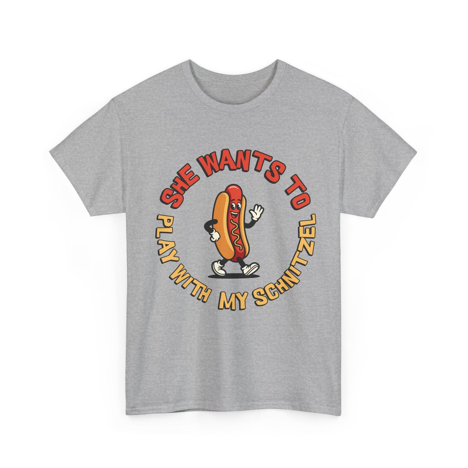 Hot Dog Graphic Tee - "She Wants To Play With My Schnitzel" Funny Retro Food Shirt