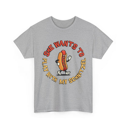 Hot Dog Graphic Tee - "She Wants To Play With My Schnitzel" Funny Retro Food Shirt