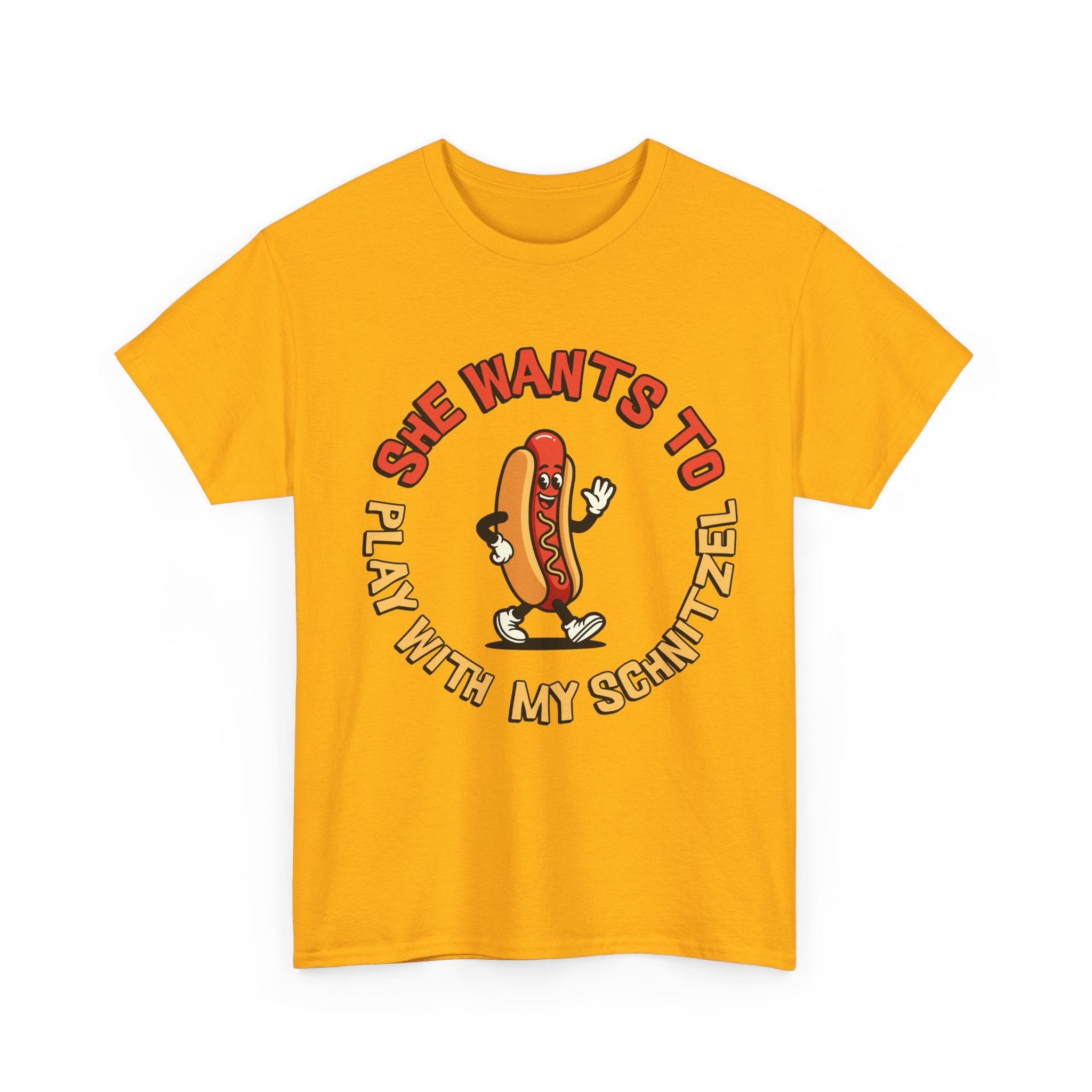 Hot Dog Graphic Tee - "She Wants To Play With My Schnitzel" Funny Retro Food Shirt