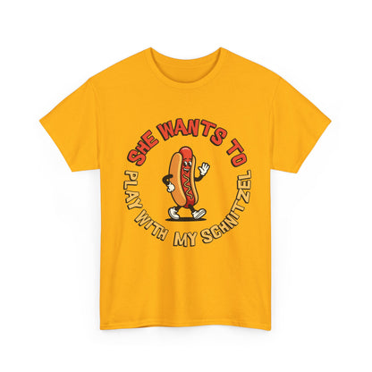 Hot Dog Graphic Tee - "She Wants To Play With My Schnitzel" Funny Retro Food Shirt