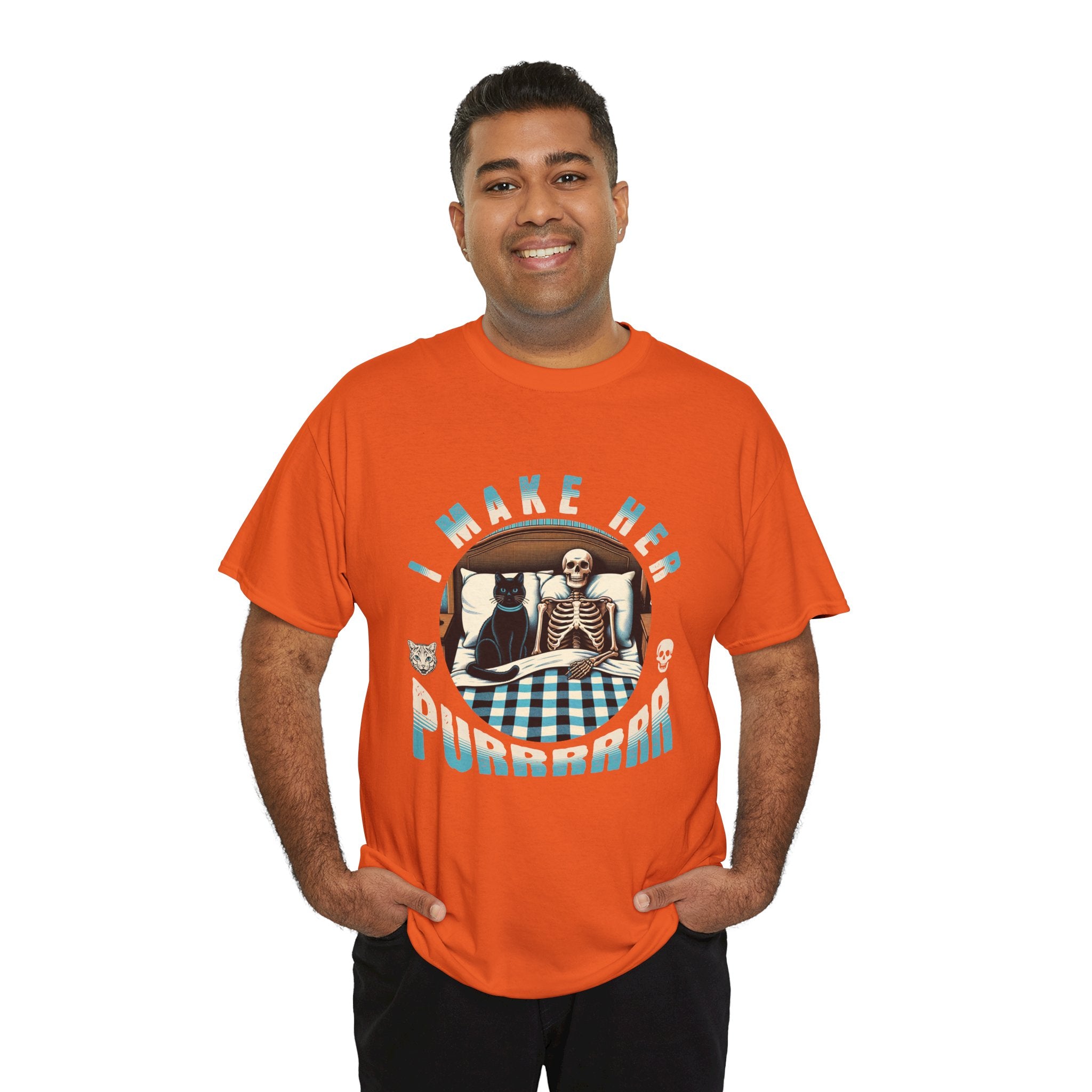 Skeleton Cat Tee — "I Make Her Purrrrrr" Funny Gothic Halloween Shirt
