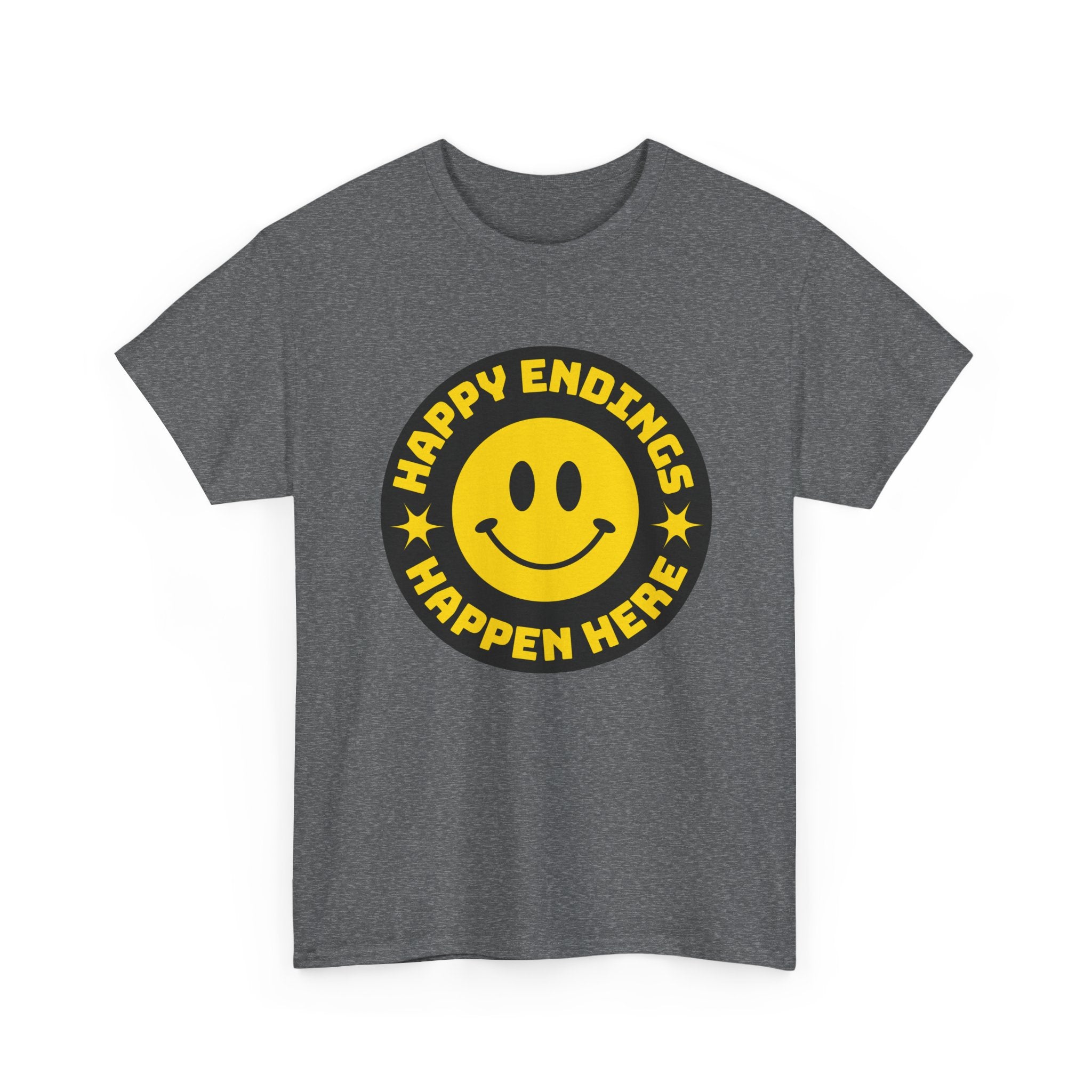 Happy Endings Happen Here – Funny Smiley Face T-Shirt