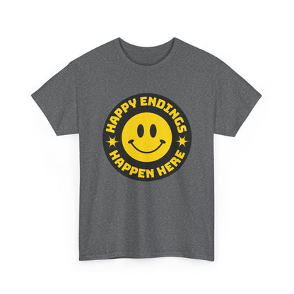 Happy Endings Happen Here – Funny Smiley Face T-Shirt