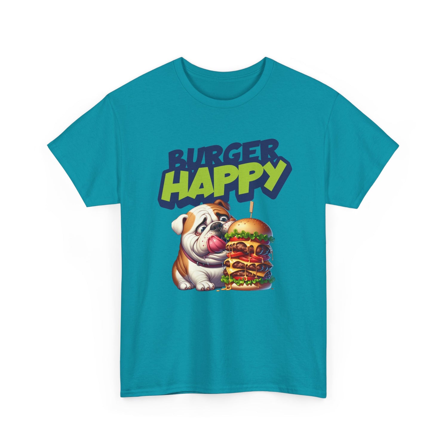 Burger Happy Bulldog T-Shirt — Cute Bulldog with Giant Burger Graphic