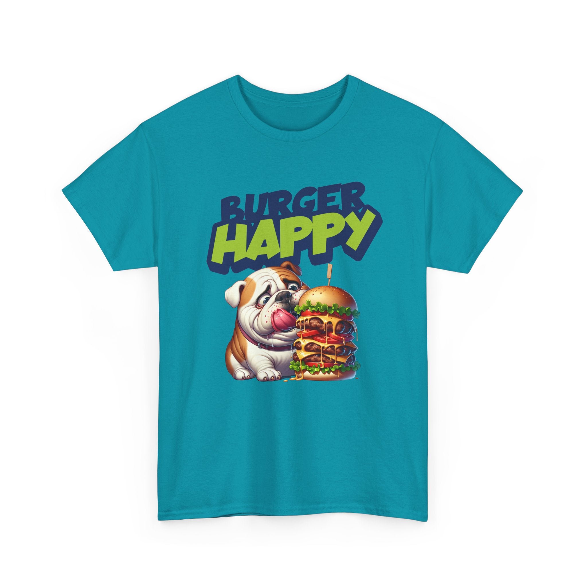 Burger Happy Bulldog T-Shirt — Cute Bulldog with Giant Burger Graphic