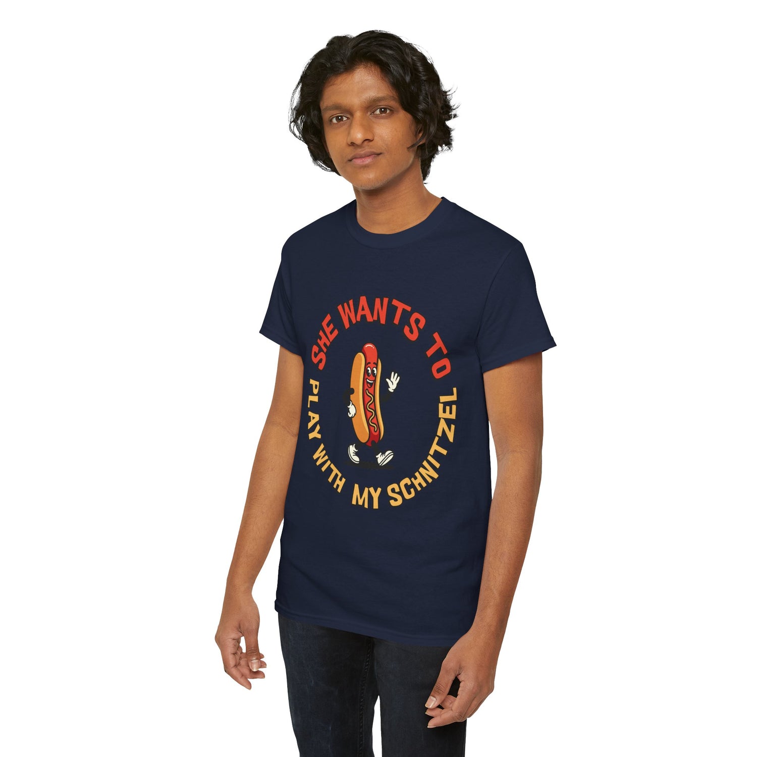 Hot Dog Graphic Tee - "She Wants To Play With My Schnitzel" Funny Retro Food Shirt