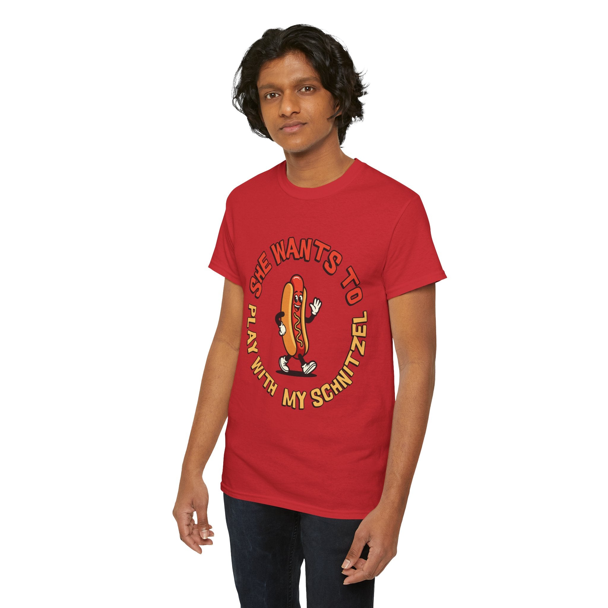 Hot Dog Graphic Tee - "She Wants To Play With My Schnitzel" Funny Retro Food Shirt