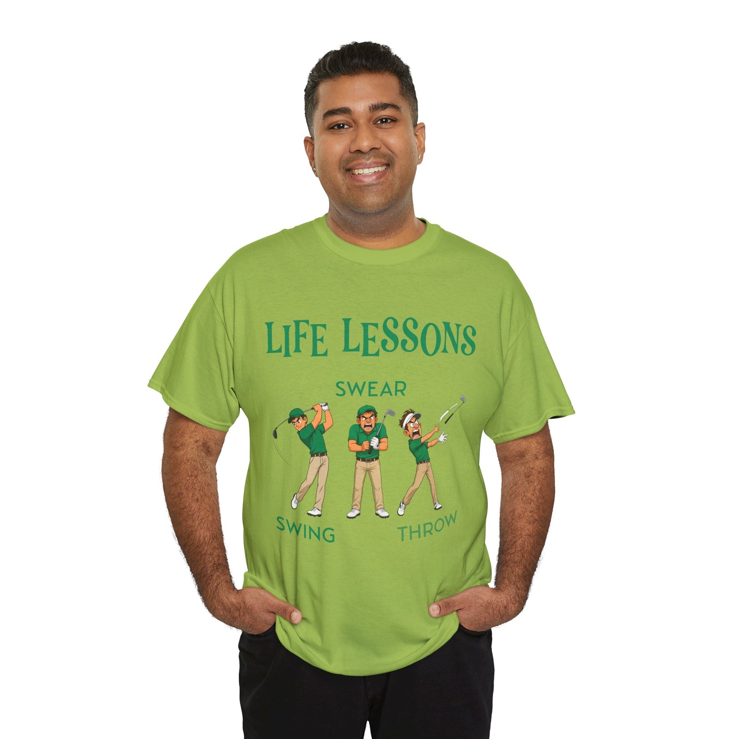 Golf T-Shirt — "Life Lessons: Swear, Swing, Throw" Funny Golfer Tee