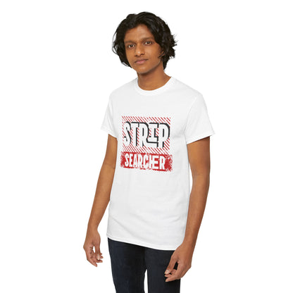 Step Searcher Graphic Tee — Vintage Red Stamped Design