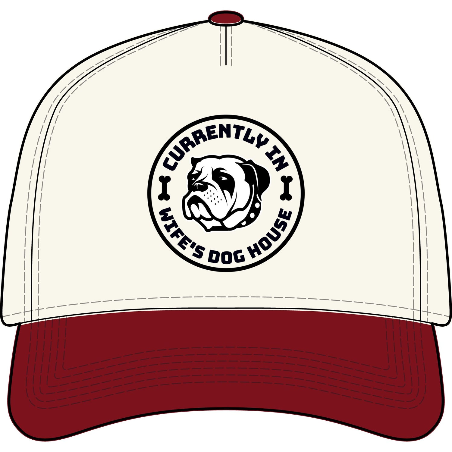 “Currently In Wife’s Dog House” Two-Tone Baseball Cap – Funny Bulldog Dad Hat