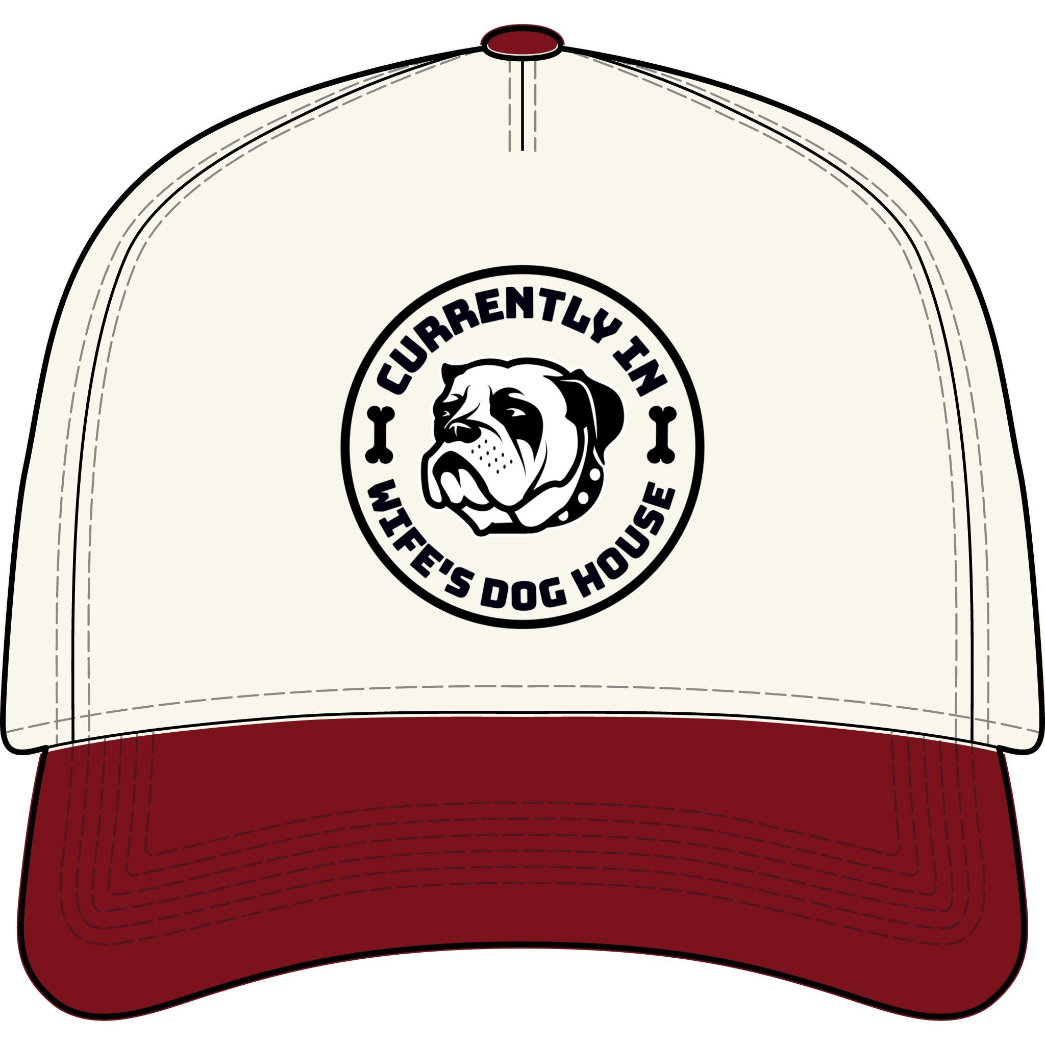 “Currently In Wife’s Dog House” Two-Tone Baseball Cap – Funny Bulldog Dad Hat