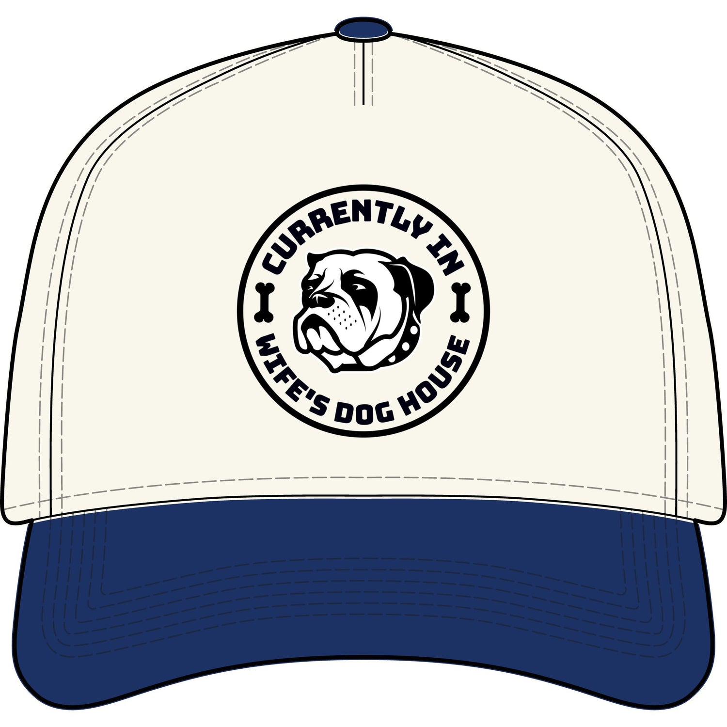 “Currently In Wife’s Dog House” Two-Tone Baseball Cap – Funny Bulldog Dad Hat