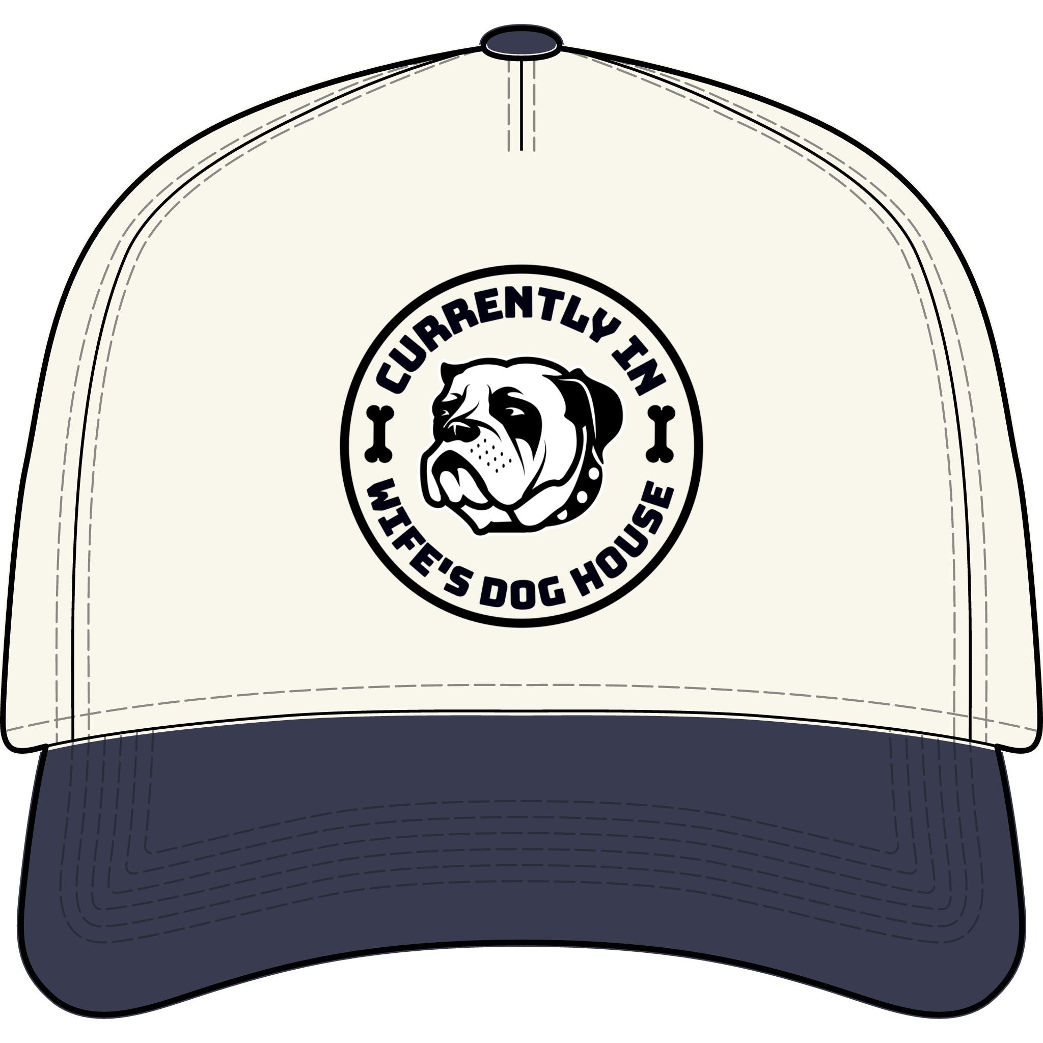 “Currently In Wife’s Dog House” Two-Tone Baseball Cap – Funny Bulldog Dad Hat