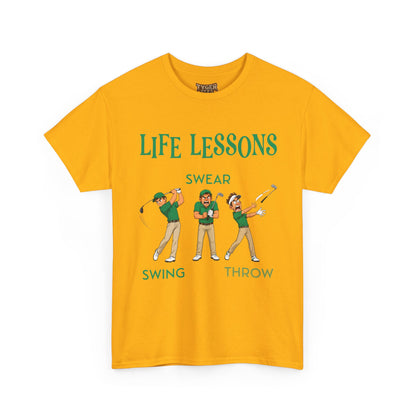 Golf T-Shirt — "Life Lessons: Swear, Swing, Throw" Funny Golfer Tee