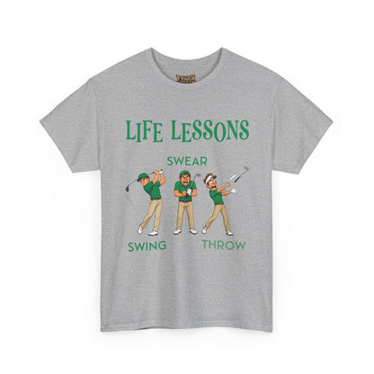 Golf T-Shirt — "Life Lessons: Swear, Swing, Throw" Funny Golfer Tee