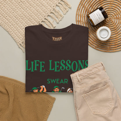 Golf T-Shirt — "Life Lessons: Swear, Swing, Throw" Funny Golfer Tee