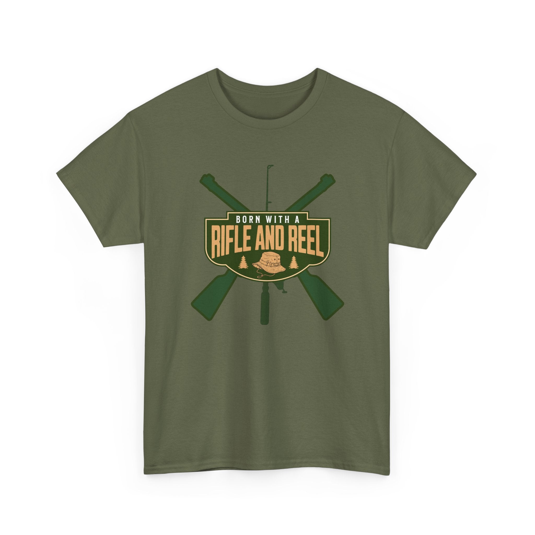 Rifle and Reel T-Shirt — "Born With a Rifle and Reel" Hunting &amp; Fishing Graphic Tee