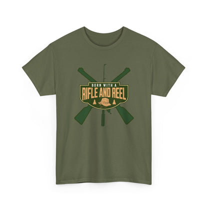 Rifle and Reel T-Shirt — "Born With a Rifle and Reel" Hunting &amp; Fishing Graphic Tee