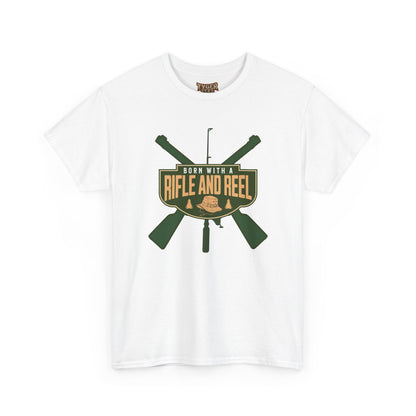 Rifle and Reel T-Shirt — "Born With a Rifle and Reel" Hunting &amp; Fishing Graphic Tee