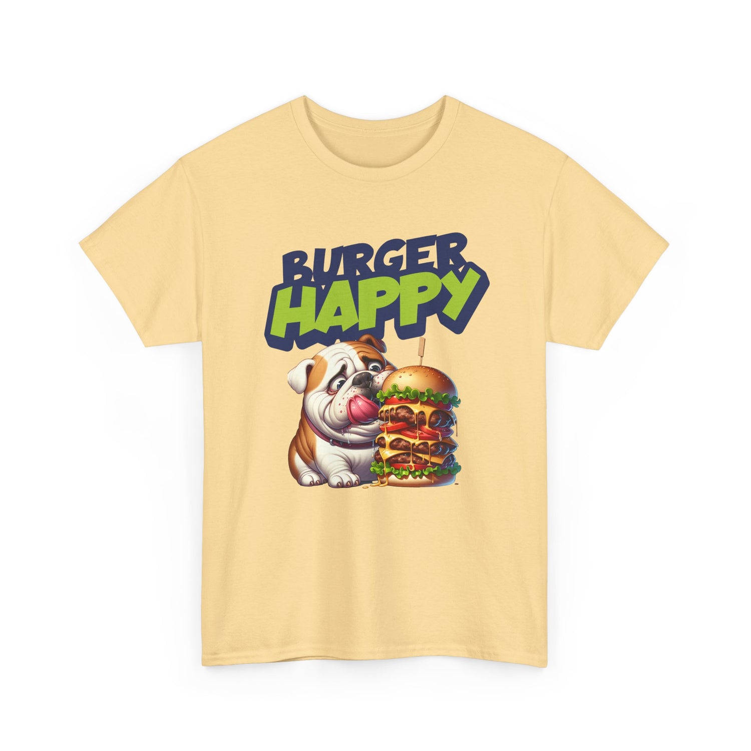 Burger Happy Bulldog T-Shirt — Cute Bulldog with Giant Burger Graphic