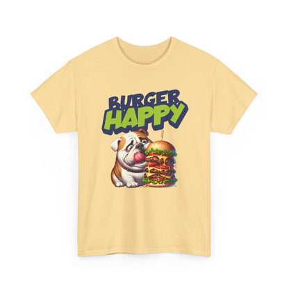 Burger Happy Bulldog T-Shirt — Cute Bulldog with Giant Burger Graphic
