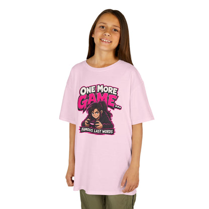 Kids Tee — "One More Game... Famous Last Words" Gaming Graphic Shirt