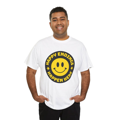 Happy Endings Happen Here – Funny Smiley Face T-Shirt