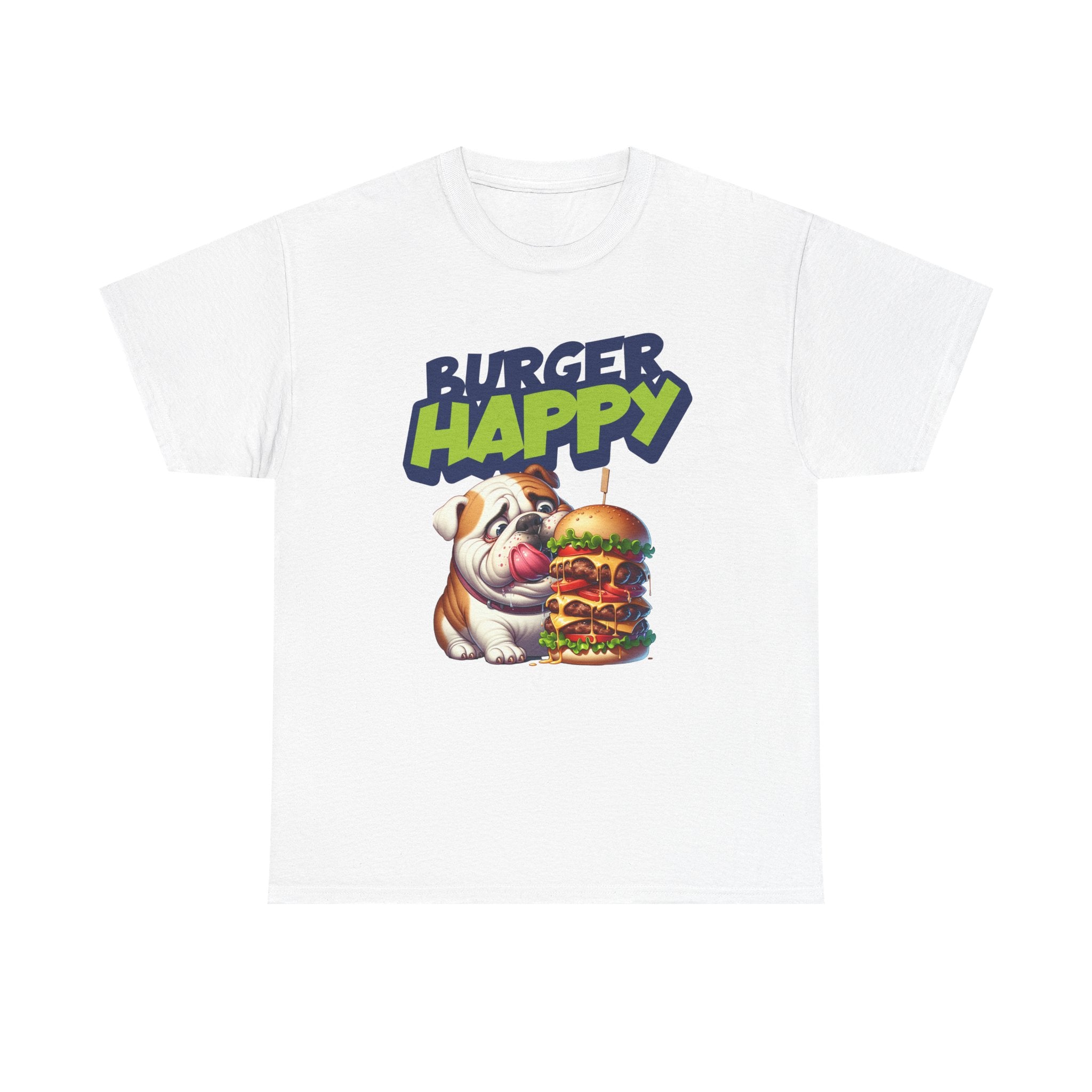 Burger Happy Bulldog T-Shirt — Cute Bulldog with Giant Burger Graphic