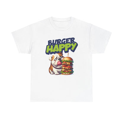 Burger Happy Bulldog T-Shirt — Cute Bulldog with Giant Burger Graphic