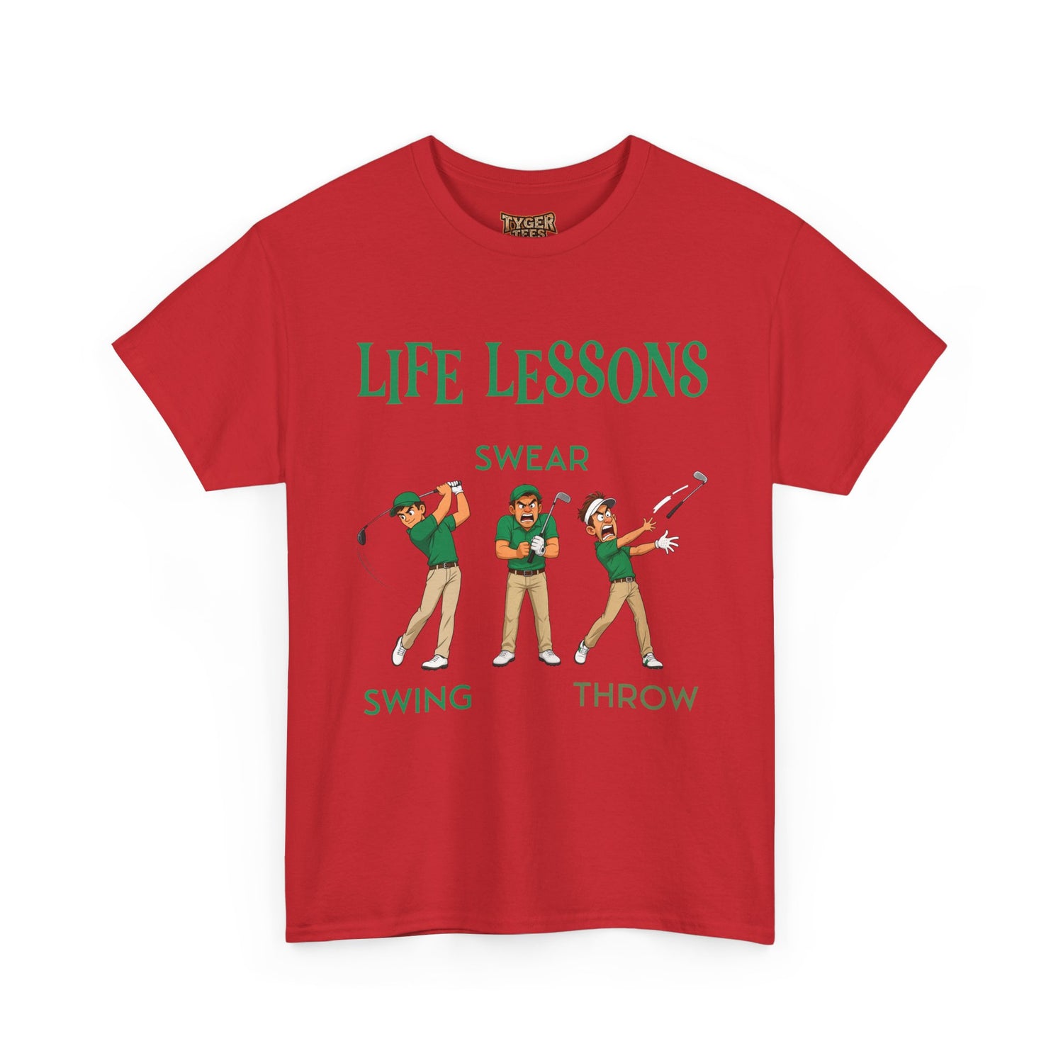 Golf T-Shirt — "Life Lessons: Swear, Swing, Throw" Funny Golfer Tee