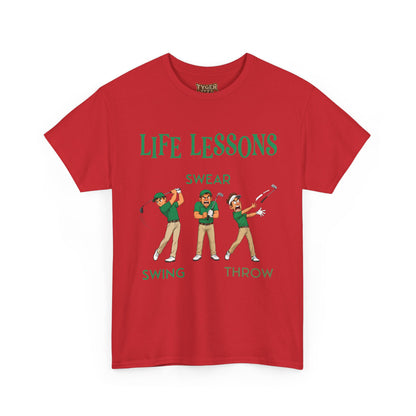 Golf T-Shirt — "Life Lessons: Swear, Swing, Throw" Funny Golfer Tee