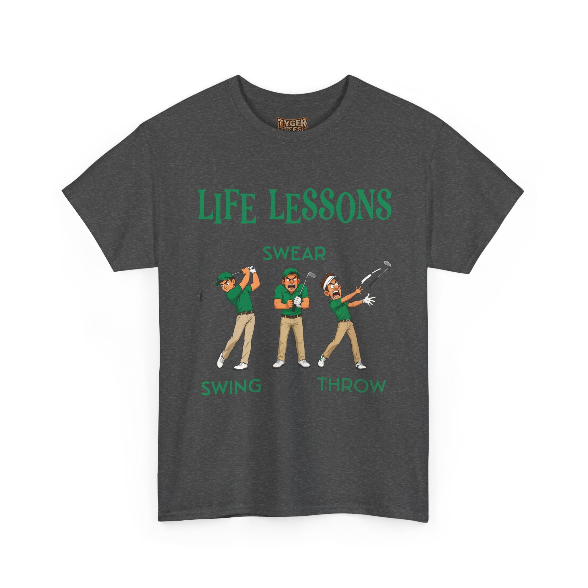 Golf T-Shirt — "Life Lessons: Swear, Swing, Throw" Funny Golfer Tee