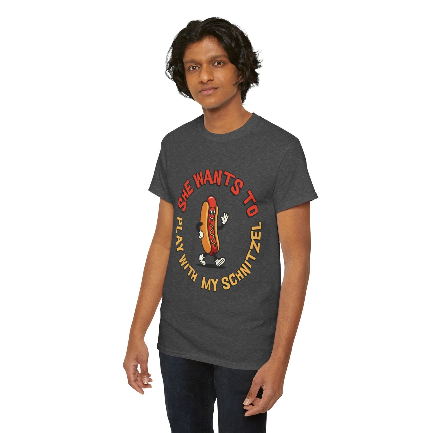 Hot Dog Graphic Tee - "She Wants To Play With My Schnitzel" Funny Retro Food Shirt