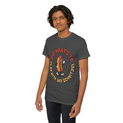 Hot Dog Graphic Tee - "She Wants To Play With My Schnitzel" Funny Retro Food Shirt