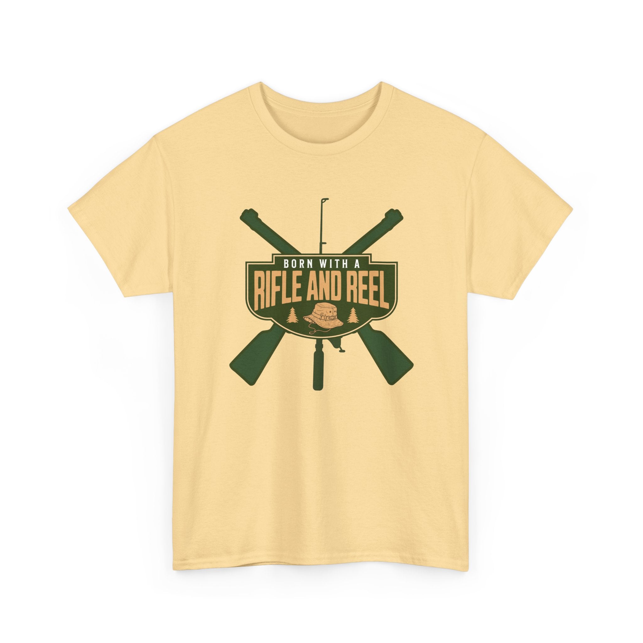 Rifle and Reel T-Shirt — "Born With a Rifle and Reel" Hunting &amp; Fishing Graphic Tee