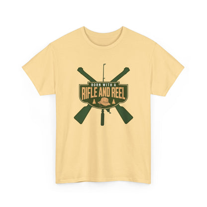 Rifle and Reel T-Shirt — "Born With a Rifle and Reel" Hunting &amp; Fishing Graphic Tee