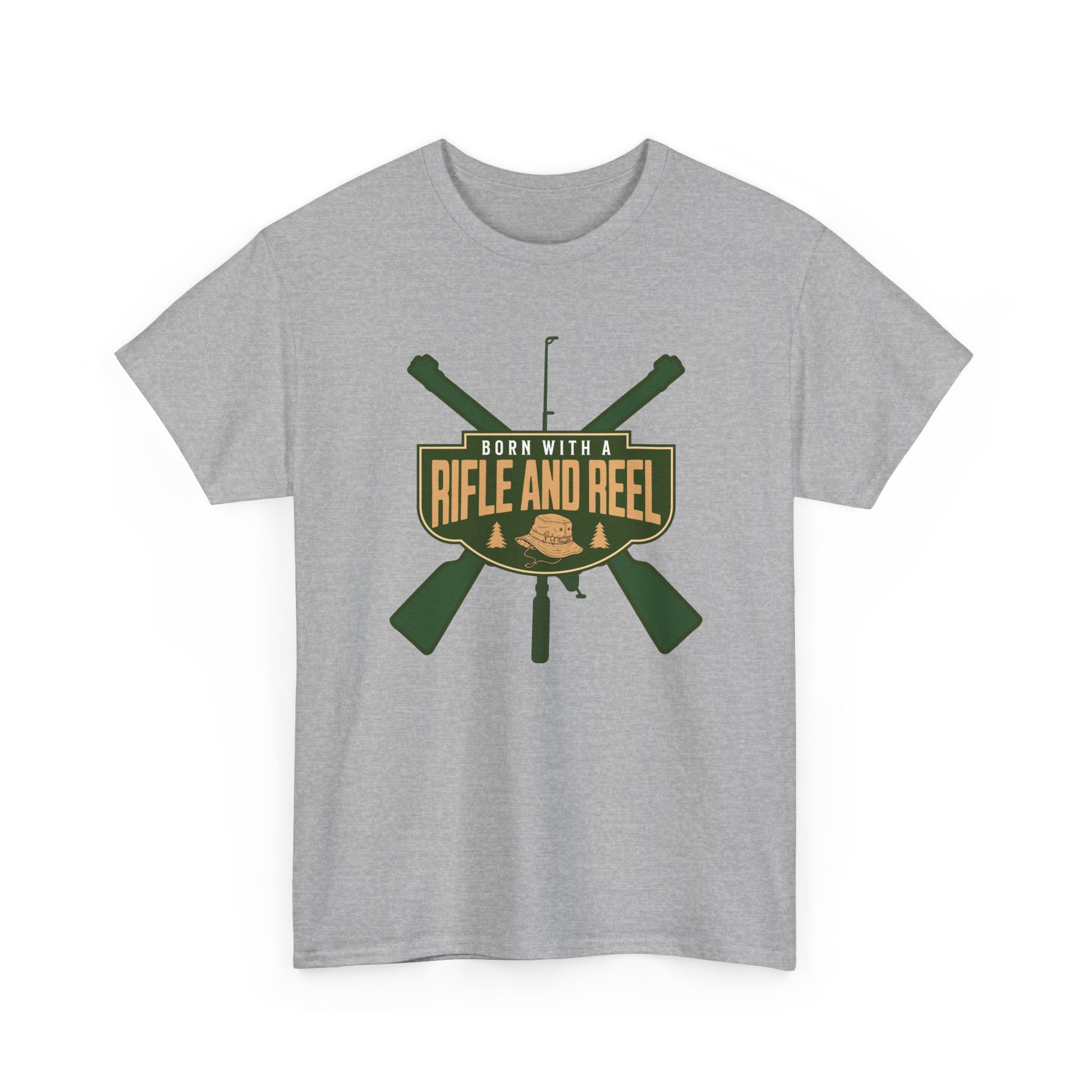 Rifle and Reel T-Shirt — "Born With a Rifle and Reel" Hunting &amp; Fishing Graphic Tee