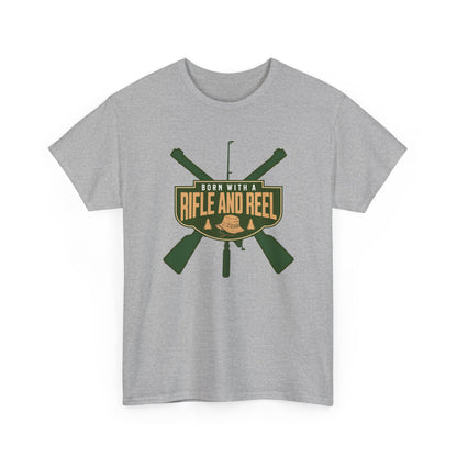 Rifle and Reel T-Shirt — "Born With a Rifle and Reel" Hunting &amp; Fishing Graphic Tee