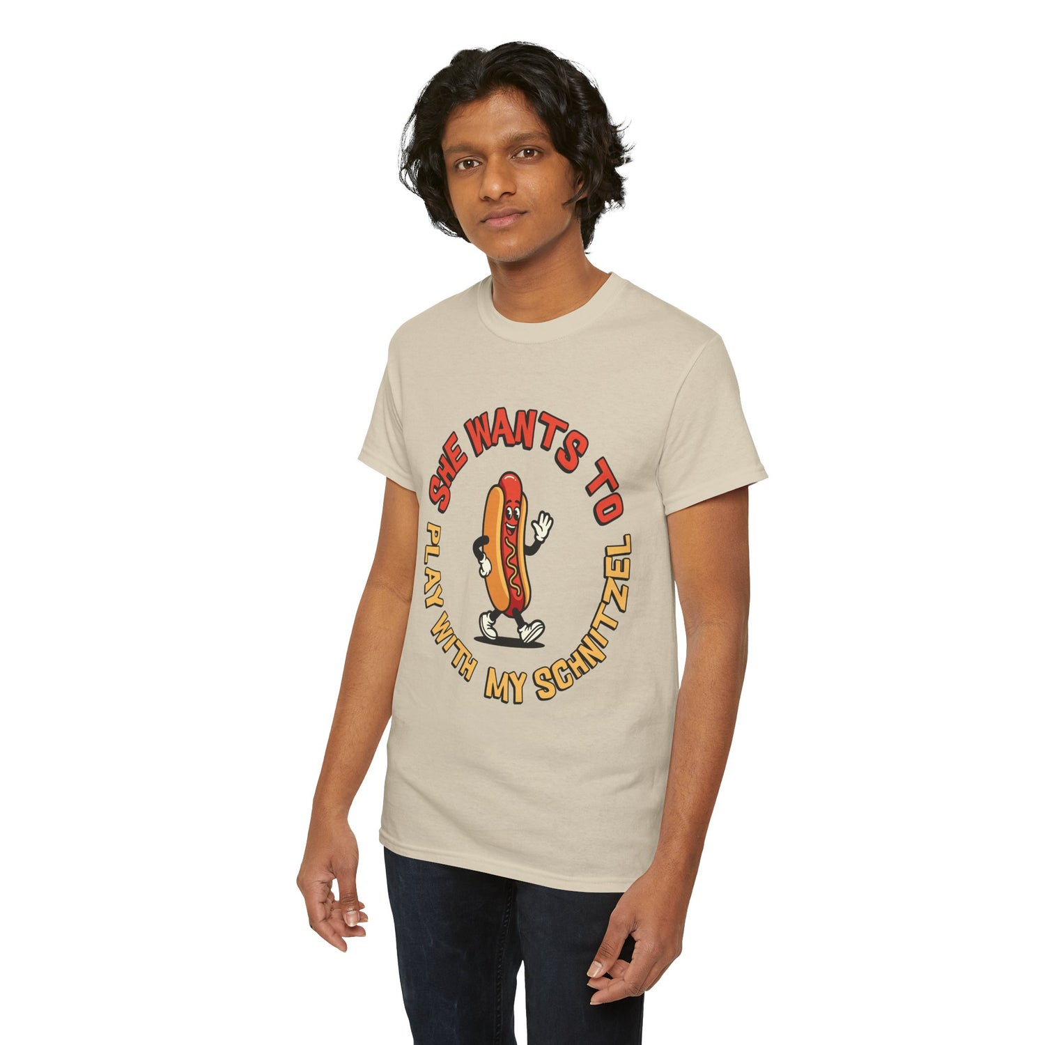 Hot Dog Graphic Tee - "She Wants To Play With My Schnitzel" Funny Retro Food Shirt