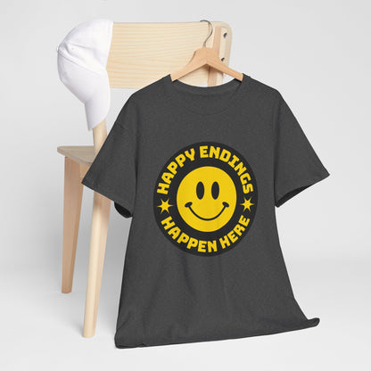 Happy Endings Happen Here – Funny Smiley Face T-Shirt
