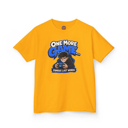 Kids Tee — "One More Game... Famous Last Words" Gaming Graphic Shirt