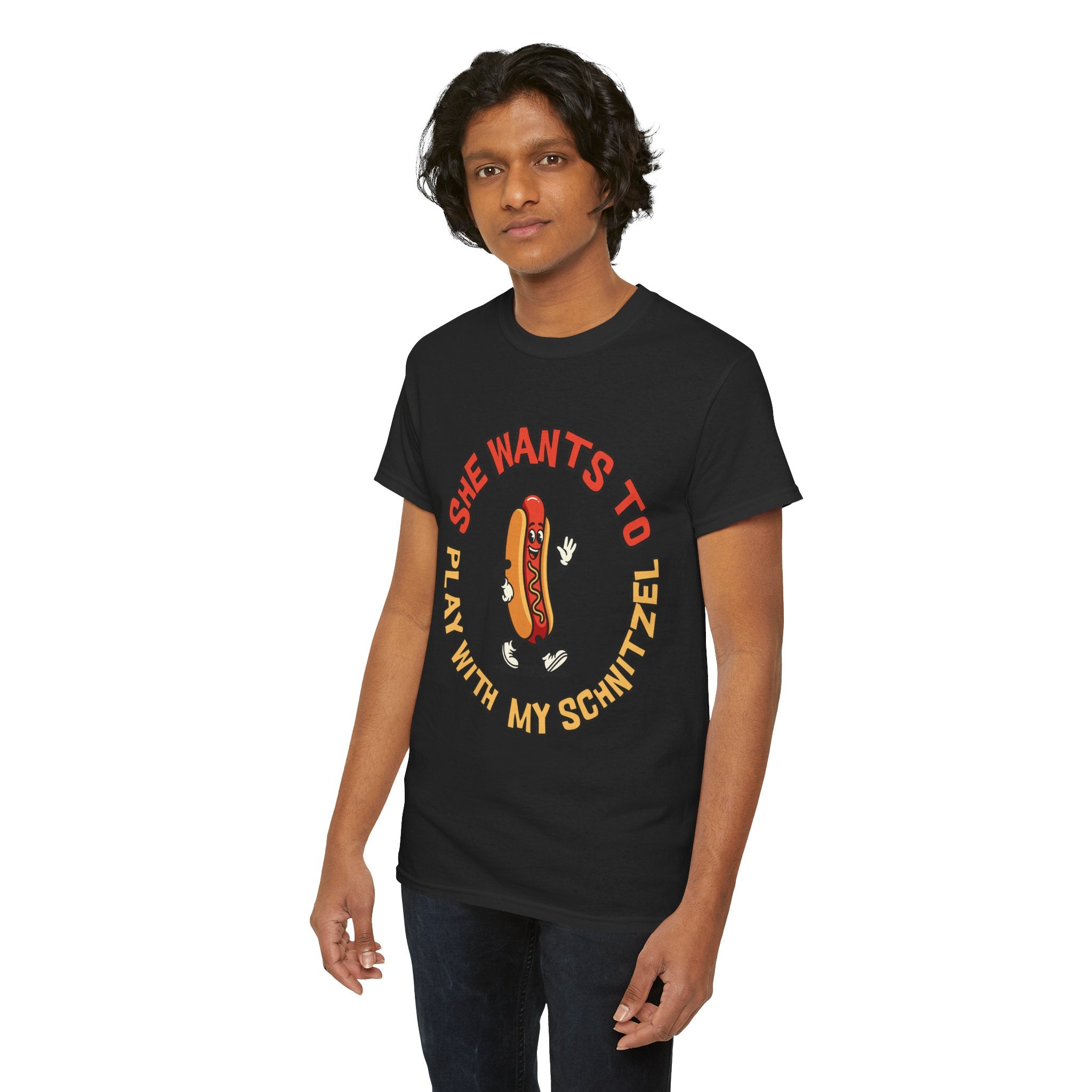 Hot Dog Graphic Tee - "She Wants To Play With My Schnitzel" Funny Retro Food Shirt