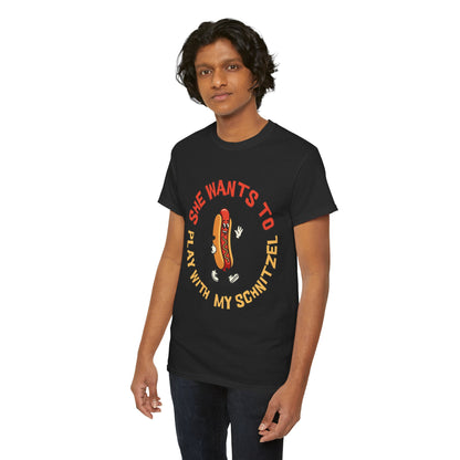 Hot Dog Graphic Tee - "She Wants To Play With My Schnitzel" Funny Retro Food Shirt