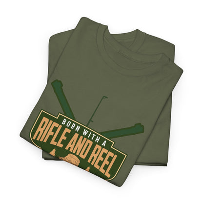 Rifle and Reel T-Shirt — "Born With a Rifle and Reel" Hunting &amp; Fishing Graphic Tee