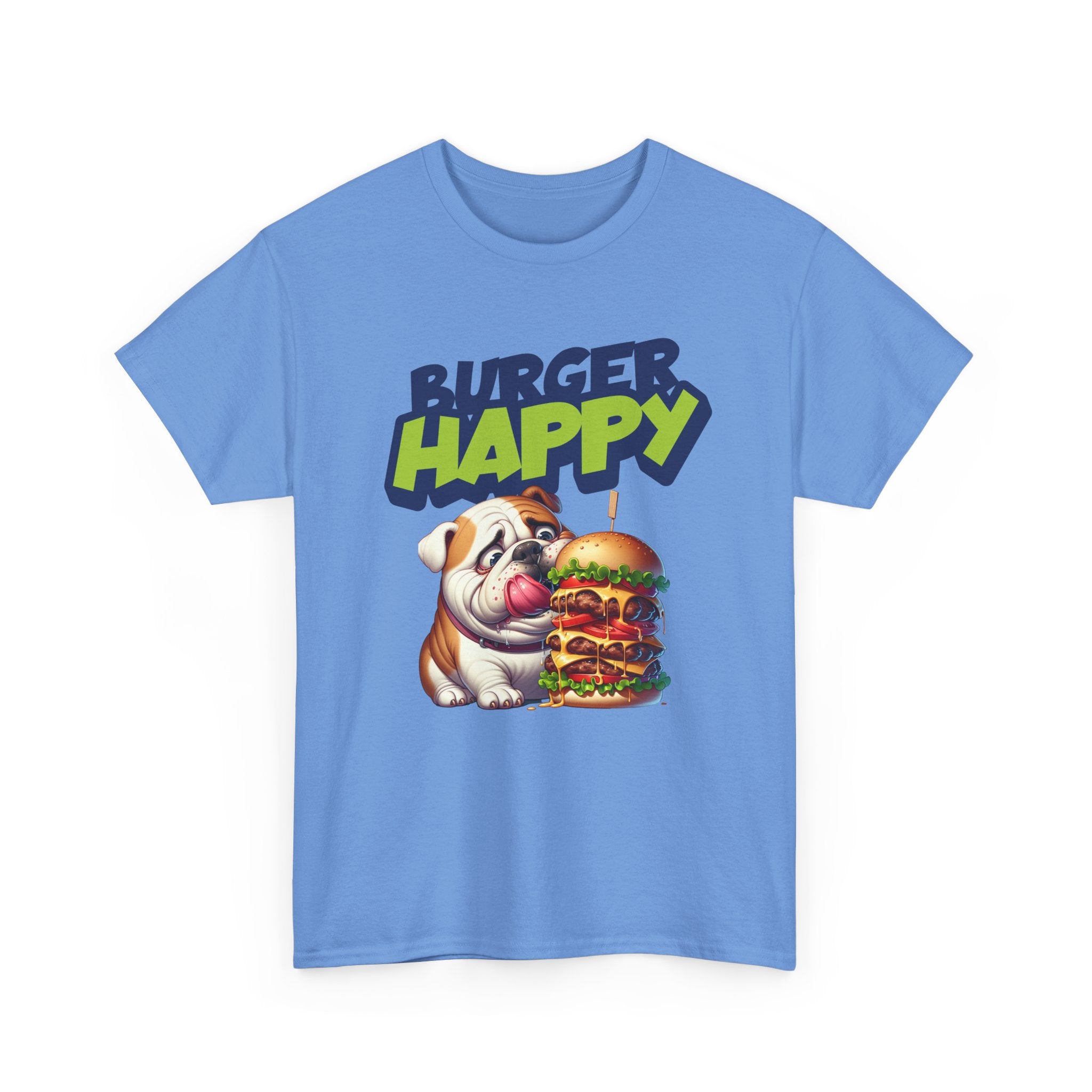 Burger Happy Bulldog T-Shirt — Cute Bulldog with Giant Burger Graphic