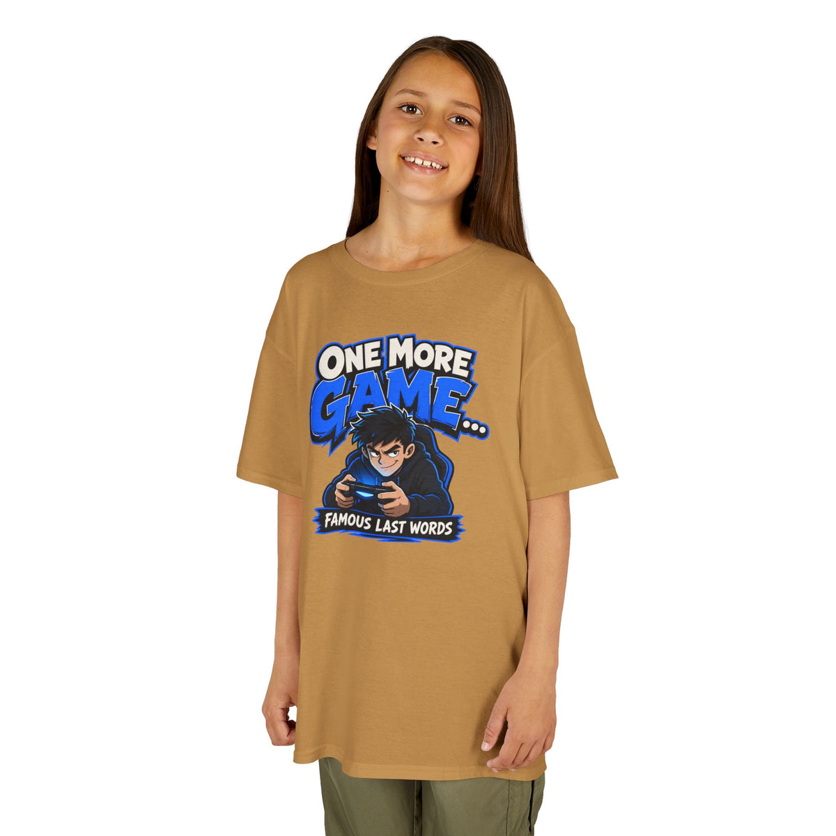 Kids Tee — "One More Game... Famous Last Words" Gaming Graphic Shirt