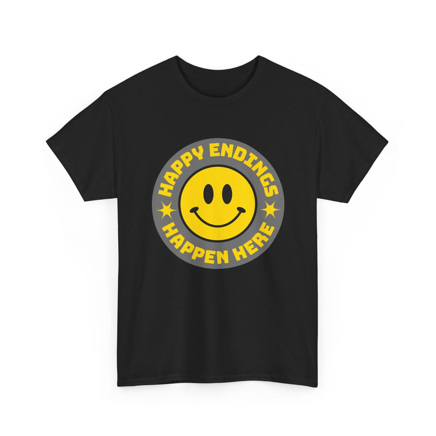 Happy Endings Happen Here – Funny Smiley Face T-Shirt